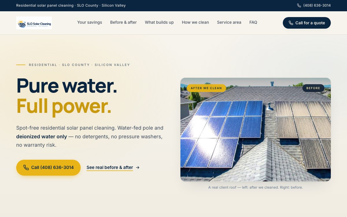 Screenshot of the SLO Solar Cleaning website